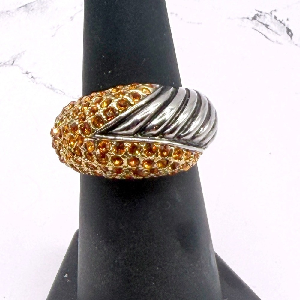 Silver Tone Gold Rhinestone Dome Ring Size 6.25 Statement Cocktail
